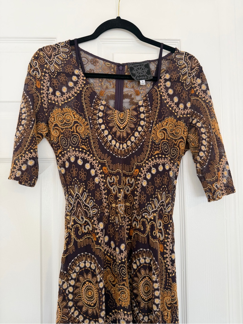 Johnny Was Brown and Gold Paisley Embroidered Sheer Maxi Dress With Slip